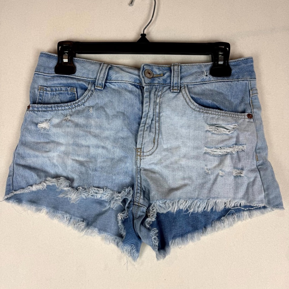 Happily Grey Shorts Women 3/26 Blue Denim Mid Rise Light Wash Raw Hem Distressed